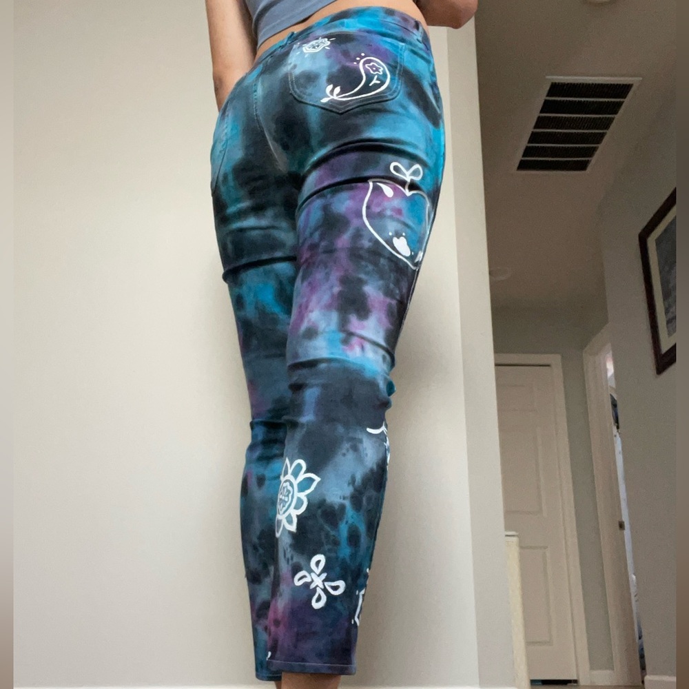 Blue and Purple Tie-Dye jeans with hand painted design